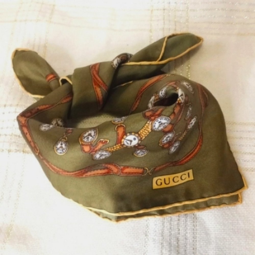 GUCCI Vintage OlivevGreen Silk Wrist Watch Clock Scarf Handkerchief - Picture 2 of 16